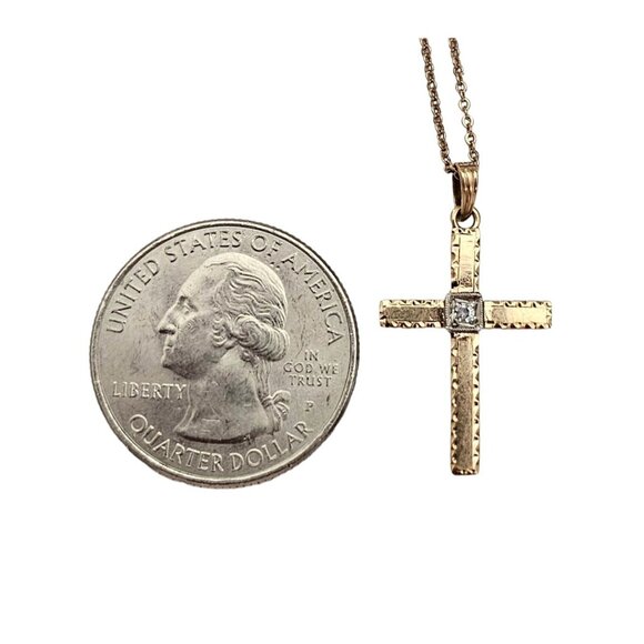10K Yellow Gold, Diamond Chip Cross Pendant Vintage Chain Necklace 18.5" L, L542 - Picture 10 of 12